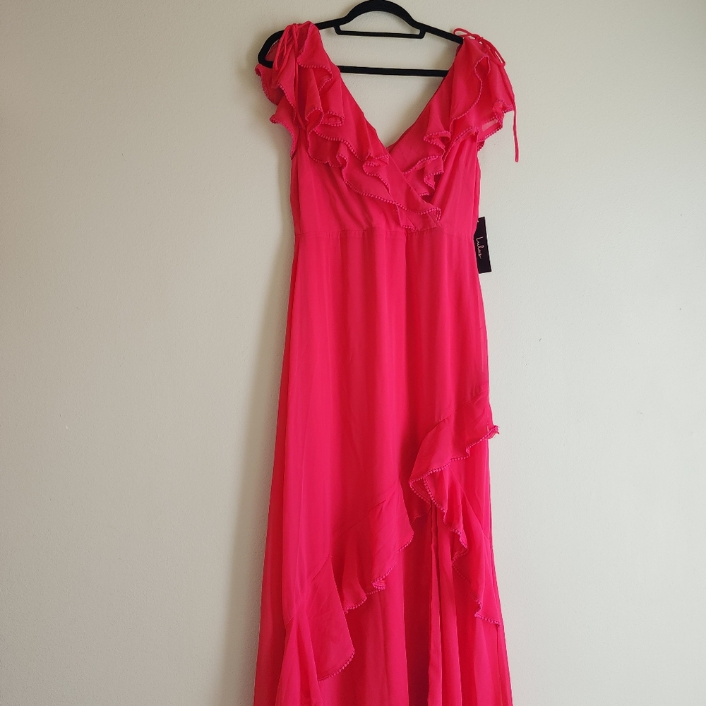 Lulu's Fuchsia Ruffle V-Neck Maxi Dress - Picture 4 of 13